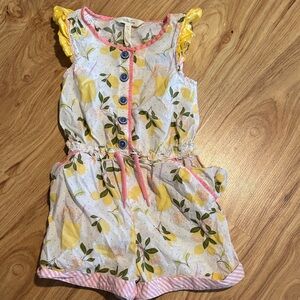 Matilda Jane Lemon Print Kids Romper with Pink Trim